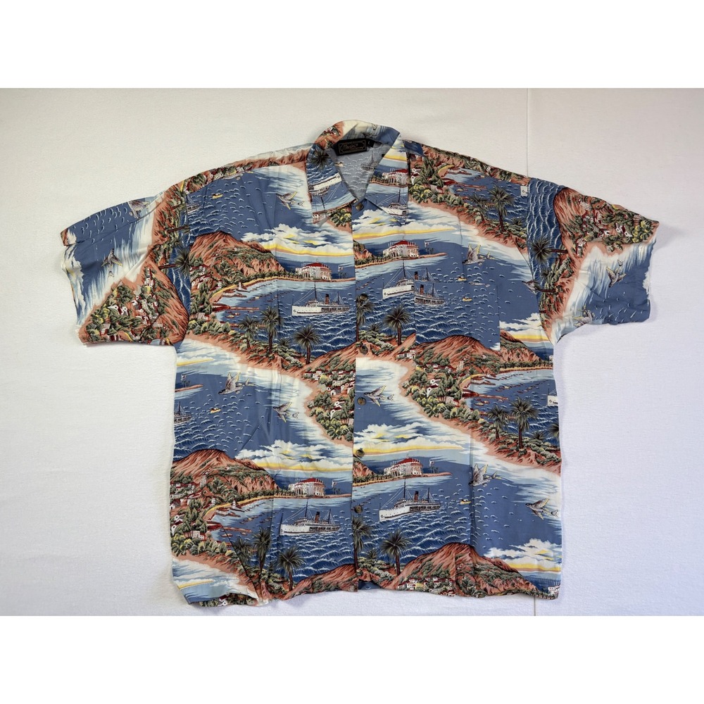 Monzini Collection Mens Blue Tropical Island Ship Print Rayon Hawaiian Shirt L